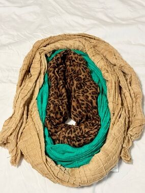 3 Pc Scarf Bundle Leopard Green Beige Lightweight Infinity Wrap Lot